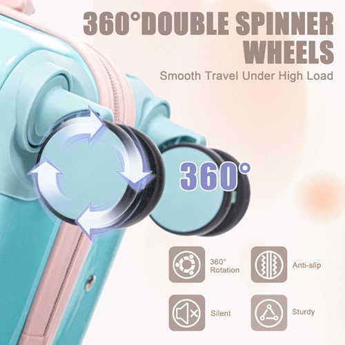 Clyrava 20 Inch Blue+Pink Carry on Kids Luggage Set of 2 with Spinner Wheels and 14" Cosmetic Case, Hardshell Small Suitcases with Combination Lock, Checked Luggage for Travel Men and Women