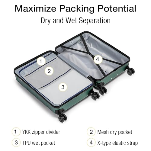 KYME Carry On Luggage 22x14x9 Airline Approved Hardshell Carry On Suitcases with Wheels Travel Rolling 20 Inch Luggage with Cup Holder for Men Women,Carry-on Green