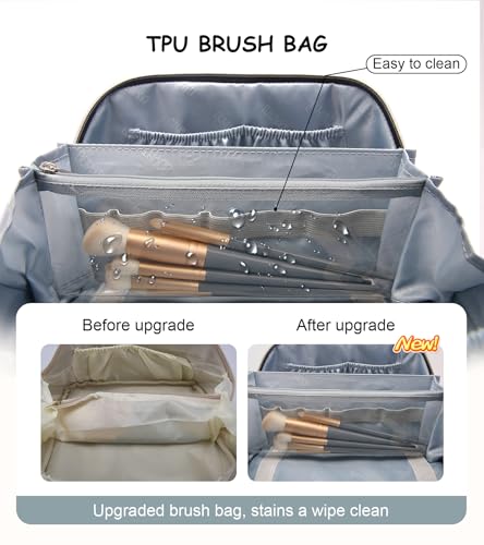 BOYATU Travel Makeup Bags Cosmetic Organizer Bag: 3 Pcs Set Large Capacity Floral Make up Bag with Compartments - Waterproof Leather Toiletry Bags with Handle for Women (01-Light Blue)