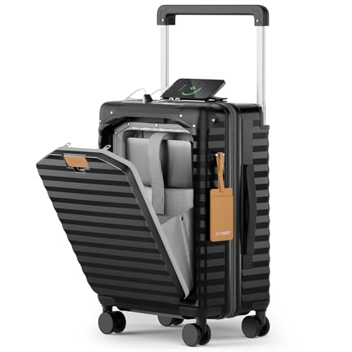 Joyway 20 Inch Carry on Luggage with Front Pocket, PC Hardshell Carry-on Suitcase with USB Port and Cup Holder, 21.5x14.2x9 Airline Approved, Luggage with Spinner Wheels and TSA Lock (Black)