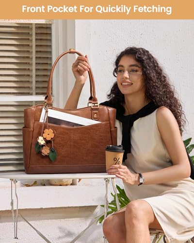 LOVEVOOK Laptop Bag for Women, 15.6inch Original Vintage Work Tote Bag Computer Office Teacher Bag with Large Cup Holder, Brown