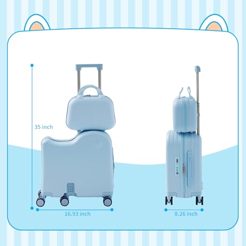 TABU Ride-on Luggage with Portable Bag for Kids，Hardshell Carry On Suitcase with Hidden Cup Holder, Foldable Pedal,Type-C & USB Interface, TSA Lock, 6-Spinner Wheels, Blue