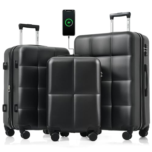 Merax USB Port 3pc ABS Hardside Luggage Sets Expandable Spinner Wheels, All Black, 20/24/28 Inch