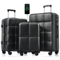 Merax USB Port 3pc ABS Hardside Luggage Sets Expandable Spinner Wheels, All Black, 20/24/28 Inch