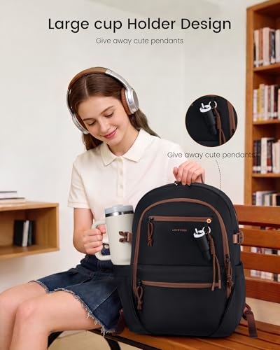 LOVEVOOK Laptop Backpack with Cute Pendant,15.6 Inch Travel Work Backpack Computer Laptop Bag with Large Cup Holder,Waterproof Nurse Teacher College Carry on Backpack Purse,Gifts for Women & Men,Black