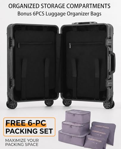 Aivens 20 Inch Carry On Suitcase, Airline Approved Hard Shell Carry-on Luggage, Full Aluminum Zipperless Suitcase with 360° Wheels & TSA Lock for Weekend Getaways & Short Travel (Black)