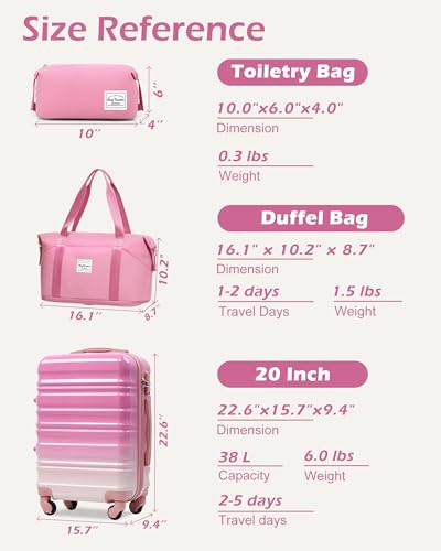 LONG VACATION Carry On Luggage Sets 3 Piece 20 Inch Suitcase Set, ABS+PC Hardshell Lightweight Travel Luggage with Spinner Wheels & YKK Zipper TSA Lock (Pink and White, 20 INCH)