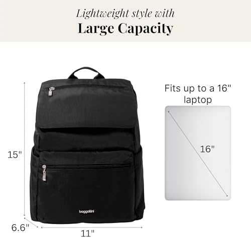 Baggallini Flap Laptop Backpack - 15"x11" Lightweight Work Travel Bag w/Luggage Sleeve & RFID