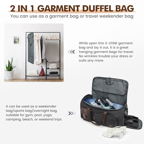 S-ZONE Garment Bags for Travel Convertible Garment Duffle Bags for Travel Suit Carry on Luggage for Men Hanging Suitcase