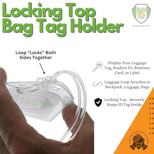 Bulk 25 Pack - Locking TOP Clear Plastic Luggage Identification Tags with Loops Included - Business Card or Photo Insert Bag Tags - Great for Travel and Student ID’s by Specialist ID