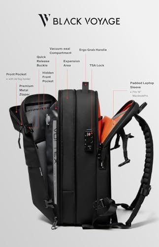 BlackVoyage Vortex Vacuum Seal Travel Backpack 60L Expandable Air Compression System Water Resistant TSA Lock Carry-On Suitcase Luggage Black AERO Essential Series Vacuum Pump Included