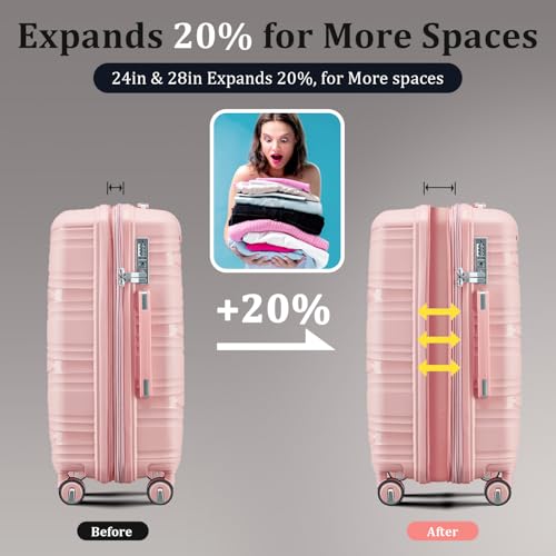 TRAVELEO 4 Piece Luggage Set PP Hardshell, Expandable Suitcase Set (20/24/28) with 14" Cosmetic Case, Lightweight Spinner Wheels with TSA Lock, Detachable Wheels for Nesting Storage (Pink)
