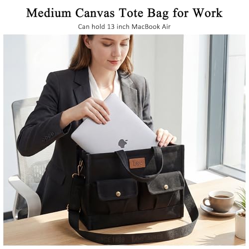 Lee Canvas Tote Bag for Women, Medium Women's Crossbody Bags Work Laptop, Zipper Handbag Purse, Adjustable Detachable Strap, Multi Compartment Shoulder Bag for Commute Travel, LEE53-006BK