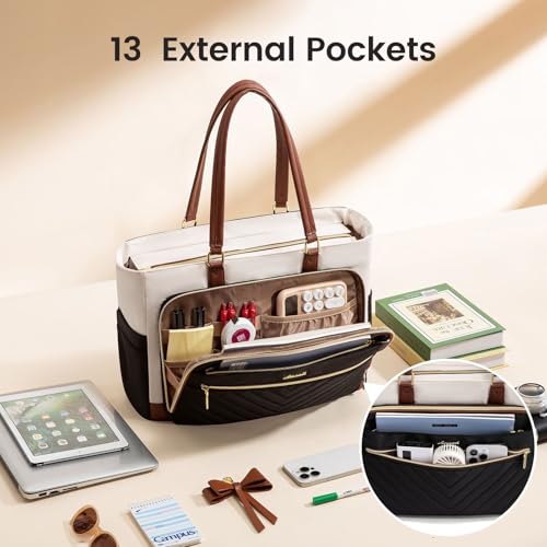 LOVEVOOK 17 Inch Laptop Tote Bag for Women, Teacher Nurse Work Tote Bags with Large Cup Holder & Multi-Pockets for Office Travel College, Computer handbags Quilted Diaper Bag Gifts, Beige-black-brown
