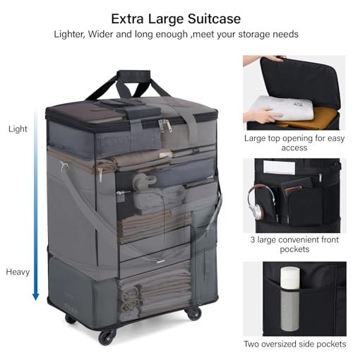 Hanke Expandable Collapsible Luggage with Wheels, Black Upgrade Version 2, 98L, Water-Resistant, 5 Spinner Wheels, 3 Pockets, Polyester, 19x13x27.2 inches, 6.1lb, Carry-On Luggage, Travel, Vacation