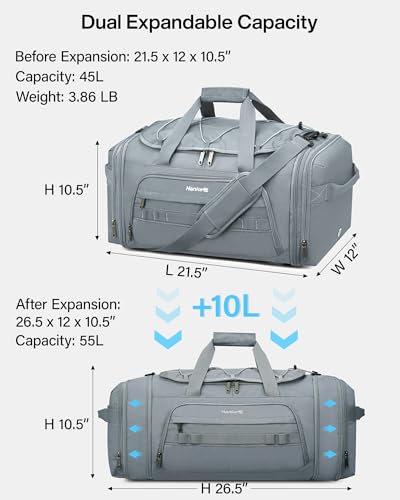 Hanke Gym Bag for Men Women, Expandable 45L-55L Large Capacity Travel Duffle Bag, 3-in-1 Weekender Backpack with Shoe Compartment & Wet Pocket, Durable Water-Resistant, Grey