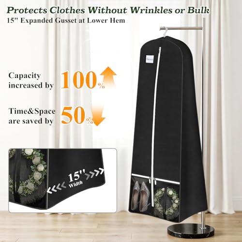 SLEEPING LAMB 72'' Bridal Wedding Gown Dress Garment Bag 15'' Gusseted Garment Cover Shoe Pockets Travel Garment Storage Bag for Prom, Evening Gowns, Black
