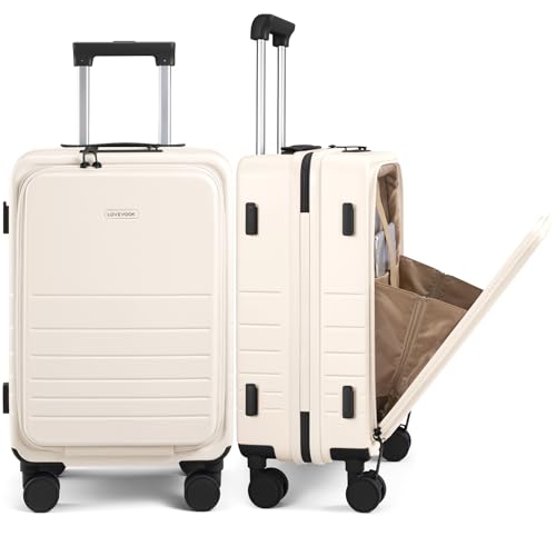 LOVEVOOK Hard Shell Carry On Luggage 22x14x9 Airline Approved,22 Inch Cute Carry On Suitcase with Spinner Wheel TSA Lock,Lightweight Travel Luggage Roller Rolling Suitcase,Gifts for Men & Women,Beige