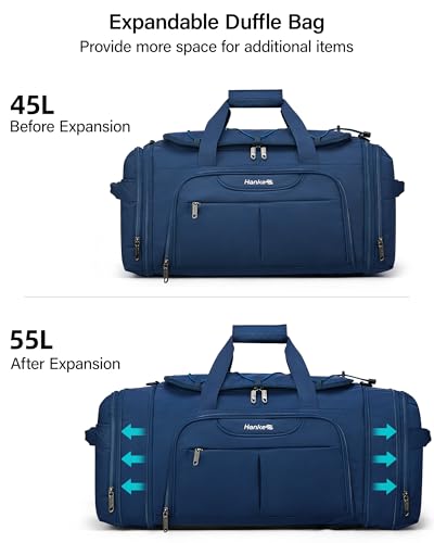 Hanke Expandable Duffle Bag for Travel,3-in-1 Carry On travel Backpack with Shoe Compartment,45L-55L Weekender Bag Travel Tote for Men Women (Blue)