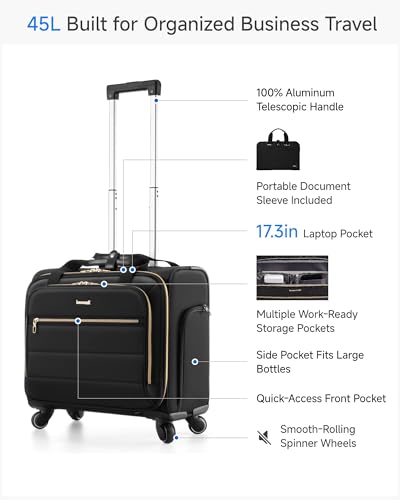 LUGGEX Rolling Laptop Bag with Wheels, 17.3" Soft Sided Laptop Rolling Briefcase with 4 Spinner Wheels - Lightweight Carry On for Business Travel Overnight (UDS-Core, Black, 18 Inch)