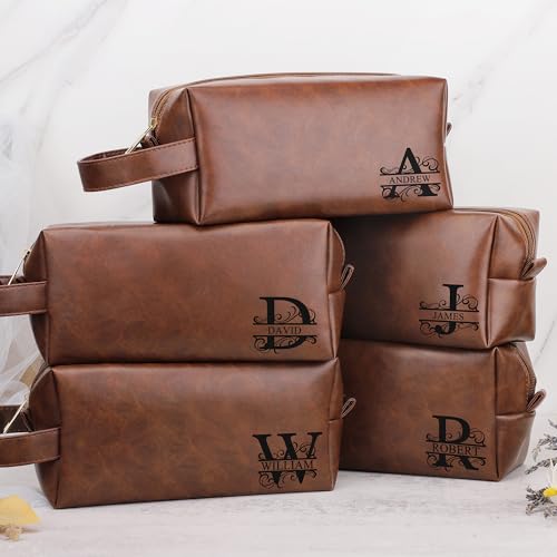 JSENGIFT Mens Toiletry Travel Bag Initial M, Personalized Leather Toiletry Bag for Men, Anniversary Christmas Valentines Fathers Day Birthday Gifts for Husband Dad Grandpa Brother