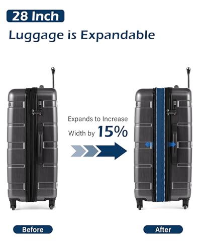 Coolife Luggage Set 3 Piece Hardside PC+ABS Suitcase with TSA Lock, Expandable Large Checked Luggage, Lightweight Rolling Carry On with Spinner Wheels(20/24/28 Inch, Charcoal)