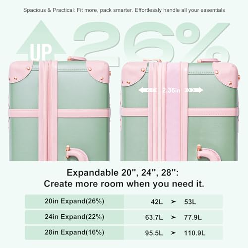 NZBZ Vintage Luggage Sets for Women Retro Suitcase Cute Vintage Expandable Luggage of 3 (Green with Pink, 20inch & 24inch & 28inch)