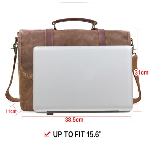 Mens Messenger Bag 15.6 Inch Waterproof Vintage Genuine Leather Waxed Canvas Briefcase Large Leather Computer Laptop Bag Rugged Satchel Shoulder Bag, Brown