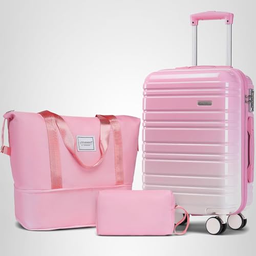 LARVENDER Luggage Sets 3 Piece, 20 Inch Carry on Luggage 22x14x9 Airline Approved Hardside PC+ABS Suitcase Set with Spinner Wheels TSA Lock, Lightweight Luggage Set for Women, Peach Sparkling