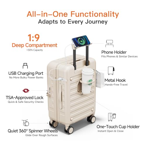 DTA Nova Top Opening Expandable Lightweight PC Hard Shell Suitcase, 20 Inch Carry On Luggage with TSA Lock, 360 Silent Spinner Wheels, Cup Holder, Ideal for Business Travel Suitcase (Beige)