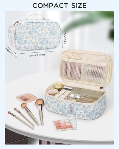 Relavel Travel Makeup Bag, Small Floral Cosmetic Bag with Makeup Brush Compartment, Portable Makeup Pouch for Women, Double Layer Makeup Organizer Bag Cute Toiletry Bag
