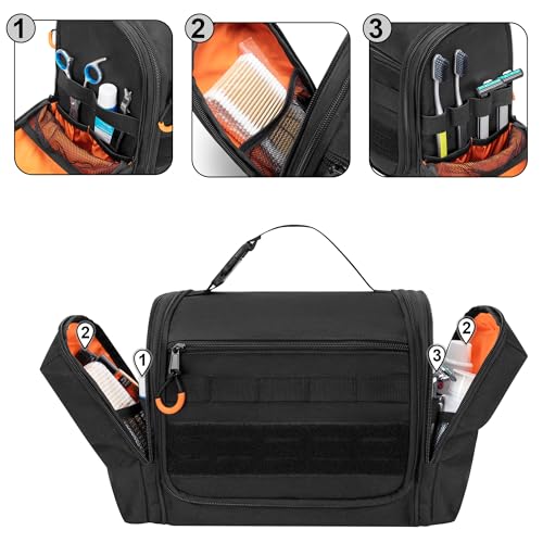 Prokva Tactical Toiletry Travel Bag for Men, Hanging Dopp Kit Hygiene Bag Shower Organizer with Hook for Toiletries and Shaving Care, Black (Empty Bag)