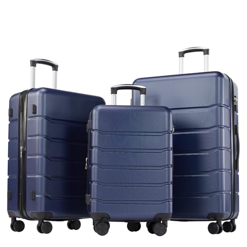 OLIXIS 3-Piece Luggage Set, Carry On Suitcases with Spinner Wheels, Expandable Travel Luggage with TSA Approved Lock & ABS Hard Shell, Blue, 20/24/28 Inch