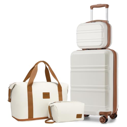 Kono Luggage Set 4 Piece Carry On Hardside Luggage with TSA Lock Spinner Wheels Lightweight PC+ABS Carry On Suitcase Cream White