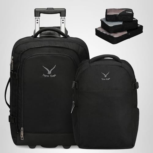 Hynes Eagle 2 in 1 Travel Backpack 22 inches Carry on Luggage 63L Rolling Backpack for Men Women with Packing Cubes 3PCS Set Black