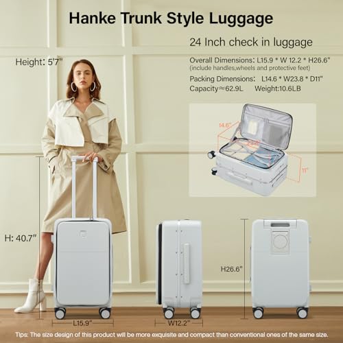 Hanke 24 Inch Checked Luggage with Cup Holder and USB Ports,Top Opening Hard Shell Suitcase with Wheels,Aluminum Frame Trunk Luggage with Foldable Dividers & TSA Lock for Travel, Smoke White