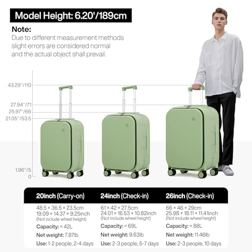 mixi 20 Inch Carry On Luggage 22x14x9 Airline Approved PC Hard Shell Suitcase Top Opening Aluminum Frame Travel Suitcases with Wheels, Avocado Green