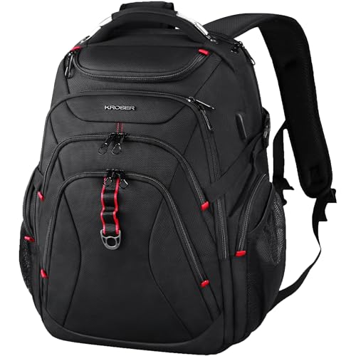 KROSER Travel Laptop Backpack 17.3 Inch XL Computer Backpack with Hard Shell Saferoom RFID Pockets Water-Repellent Business College Daypack Stylish Bag for Men/Women-Black