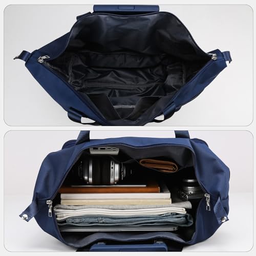 Dufanxi Expandable Rolling Travel Bag with Removable Wheels & Handle, Large Capacity Wheeled Duffle Tote, Foldable Carry On Luggage for Women, Lightweight Weekender Overnight Bag (DarkBlue)