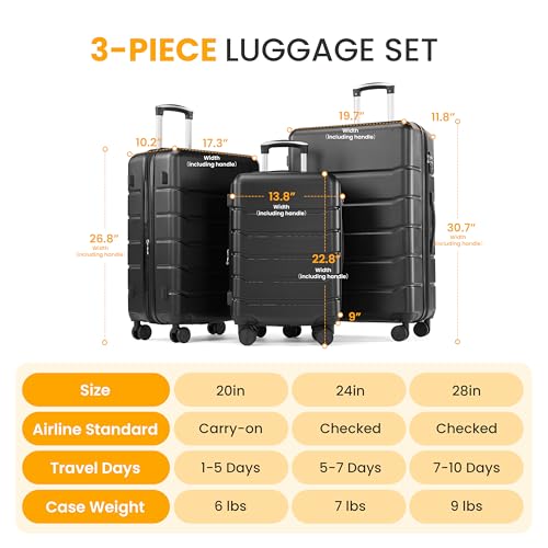 HealSmart Hardside Carry-On Luggage, Expandable Portable Hardshell Luggage with Spinner Wheels, Lightweight Suitcase TSA Lock, 28 Inch, Black