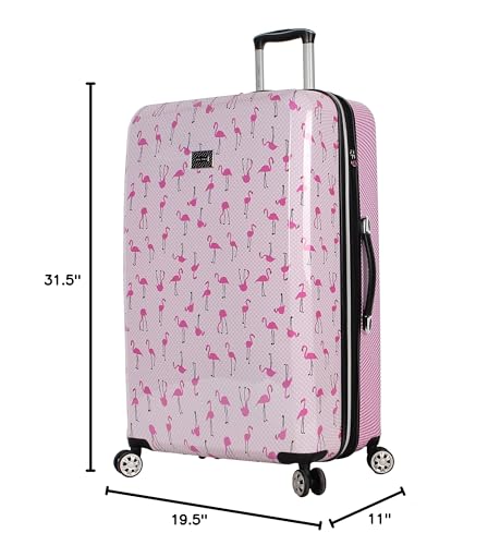Betsey Johnson 30 Inch Checked Luggage Collection - Expandable Scratch Resistant (ABS + PC) Hardside Suitcase - Designer Lightweight Bag with 8-Rolling Spinner Wheels (Flamingo Strut, 30in)