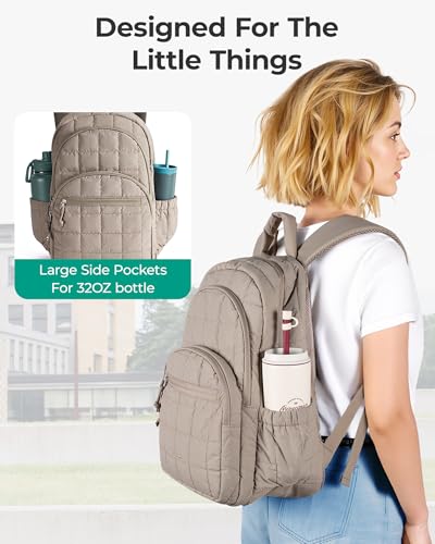 BAGSMART College Laptop Backpack, Travel Backpack for Women, Quilted Casual Daypack, Water-Resistant Bookbag for 15.6 Inch Laptop, Camel