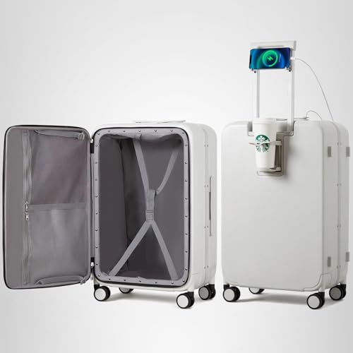 mixi Large Checked Luggage with Cup Phone Holder and Charger Hard Shell Suitcases with Spinner Wheels, 26 Inch Smoke White