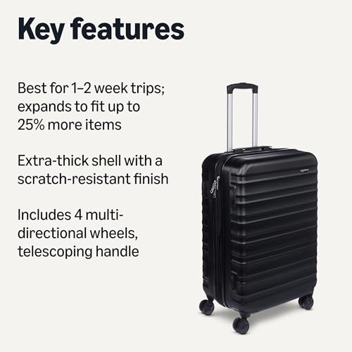 Amazon Basics 26" Hardside Medium Checked Luggage, Expandable For Up to 15% More Space, With Scratch-Resistant Surface, Four Multi-directional Wheels, Black