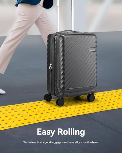 Carry On Luggage with Front Compartment and Cup Holder, KVF Expandable PC Hard Shell Suitcase with Front Pocket (FX-Plus, Ruby Red, 2-Piece (20/Tote))
