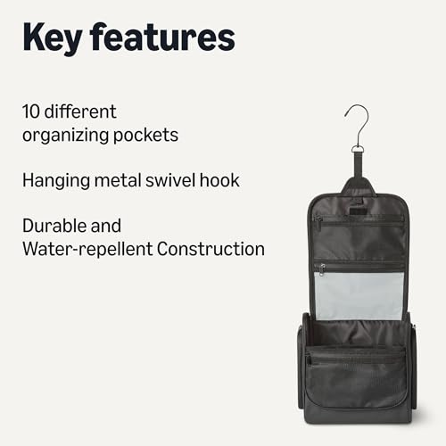 Amazon Essentials Waterproof Travel Toiletry Bag for Men and Women, Hanging Dopp Kit with Multiple Interior Pockets, 2 Side Pockets, Black, 10" x 4" x 10"