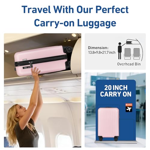 KYME Carry on luggage 22x14x9 Airline Approved Suitcase Hardshell With Double Spinner Wheels, PC+ABS TSA Lock Travel Luggage (Pink, 20" Carry On)