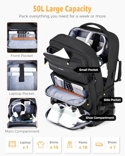 Ponhog Travel Backpack for Men, 50L Carry On Flight Approved Convertible Duffle Bag with Shoe Compartment, 17 inch Laptop Luggage with USB Charging Port for Weekender Hiking, Black