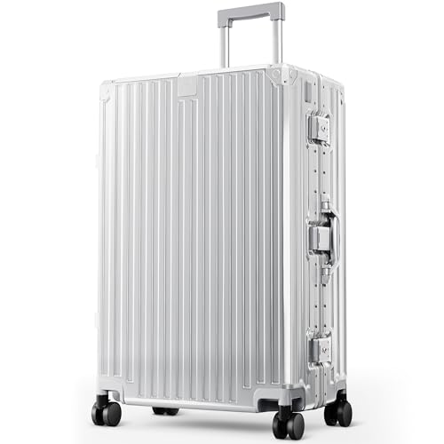 ALPHA CAMP Checked 28 Inch Luggage, Thickened Aluminum Frame Luggage with TSA Spinner Wheels, 3-Layer PC Hard Shell Zipperless Travel Suitcase, TypeC USB Charging Port, Cup Holder,Silver