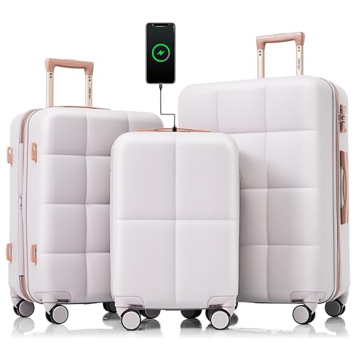 Merax Hardshell Luggage Sets 3 Pieces 4 Spinner Wheel with USB Port Ice Grey, 20/24/28 Inch
